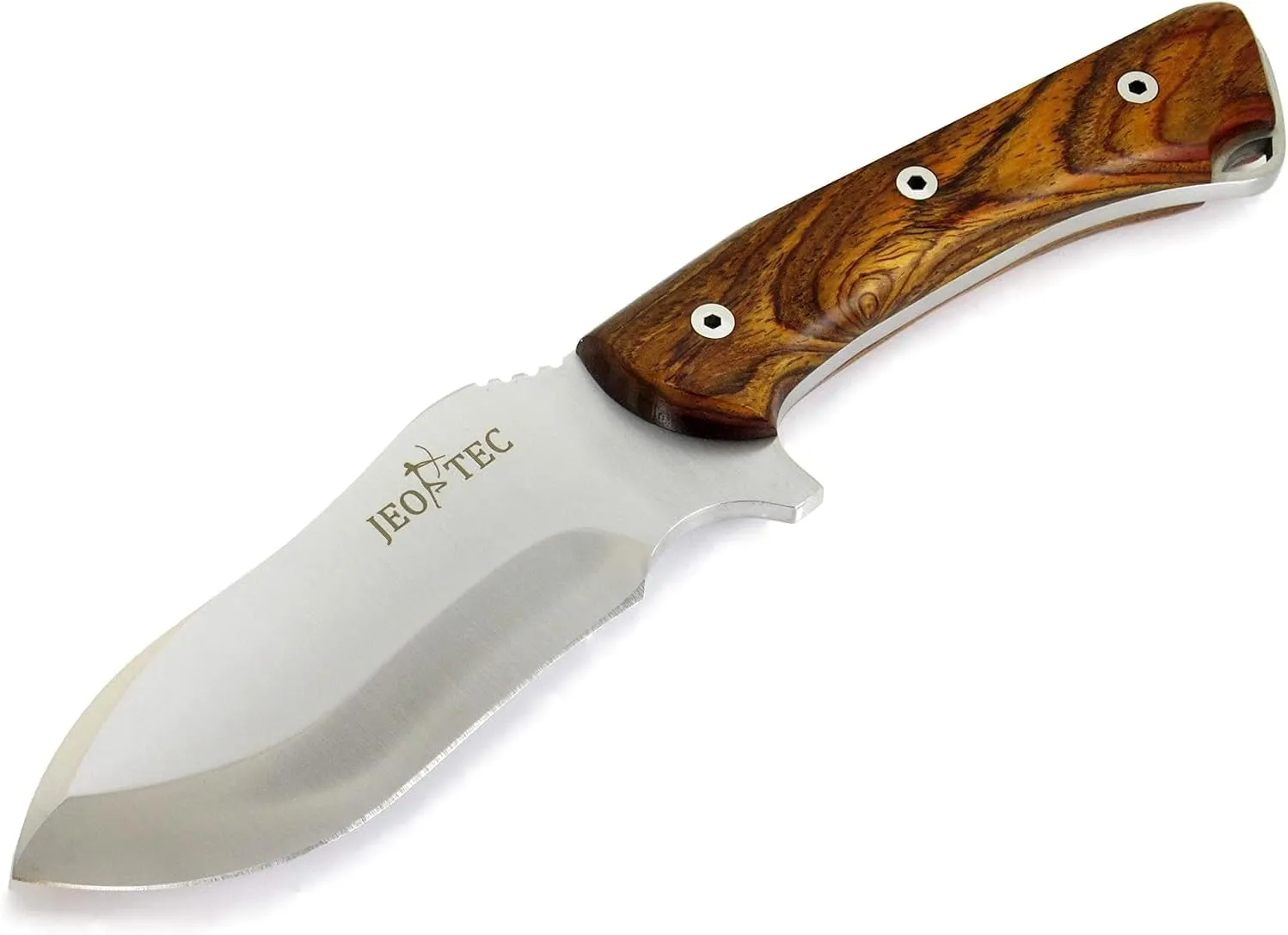 JEO-TEC Nº35 Full Tang Bushcraft Survival Hunting Camping Fixed Blade Knife with Wood Handle, MOVA-58, 10'' Overall, Leather Multi-Position Sheath   Firesteel   Sharpener Stone, Handmade