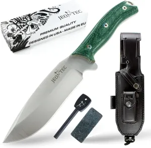 JEO-TEC Nº9 Fixed blade Bushcraft Survival Hunting Camping Knife, MOVA Stainless Steel, 11" Overall, Multi-positioned Leather Sheath - Handmade