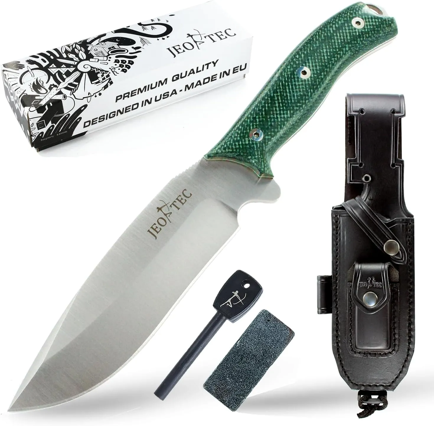 JEO-TEC Nº9 Fixed blade Bushcraft Survival Hunting Camping Knife, MOVA Stainless Steel, 11" Overall, Multi-positioned Leather Sheath - Handmade