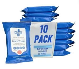 Joint Forces Rinse-Free Body Wipes - XL Shower Wipes for Adults, Camping, Traveling, Gym - Hygiene Essentials, pH Balanced with Vitamin E and Aloe, Disposable, No Rinse Required (10 Pack)