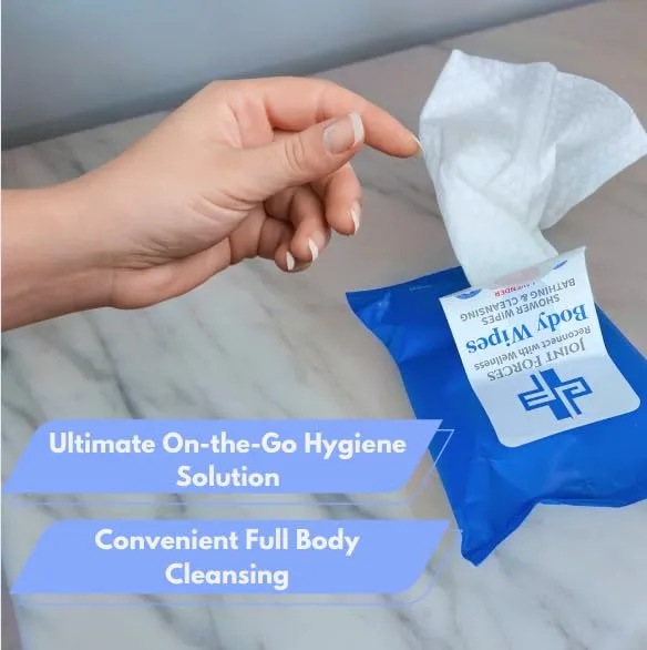 Joint Forces Rinse-Free Body Wipes - XL Shower Wipes for Adults, Camping, Traveling, Gym - Hygiene Essentials, pH Balanced with Vitamin E and Aloe, Disposable, No Rinse Required (10 Pack)