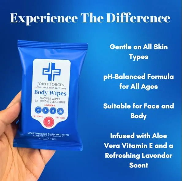 Joint Forces Rinse-Free Body Wipes - XL Shower Wipes for Adults, Camping, Traveling, Gym - Hygiene Essentials, pH Balanced with Vitamin E and Aloe, Disposable, No Rinse Required (10 Pack)