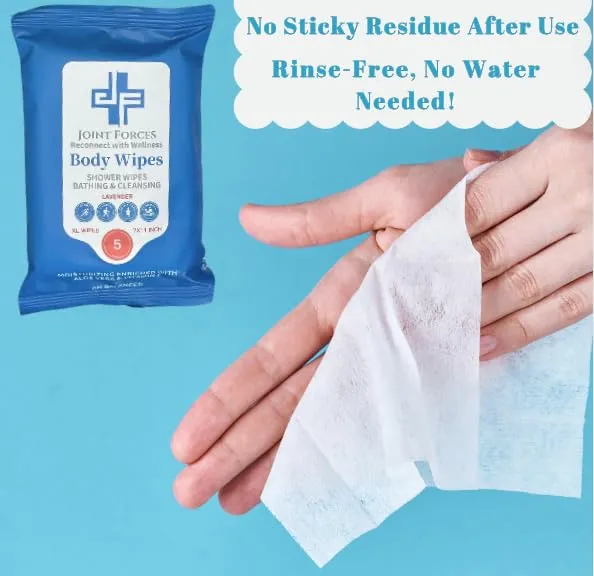 Joint Forces Rinse-Free Body Wipes - XL Shower Wipes for Adults, Camping, Traveling, Gym - Hygiene Essentials, pH Balanced with Vitamin E and Aloe, Disposable, No Rinse Required (10 Pack)