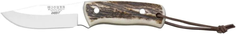 Joker Bushcraft Knife Rabbit CC76, with Deer Horn Handle and 3.34 inches Stainless Steel Blade, Toothed Back, Fishing Tool, Hunting, Camping and Hiking.