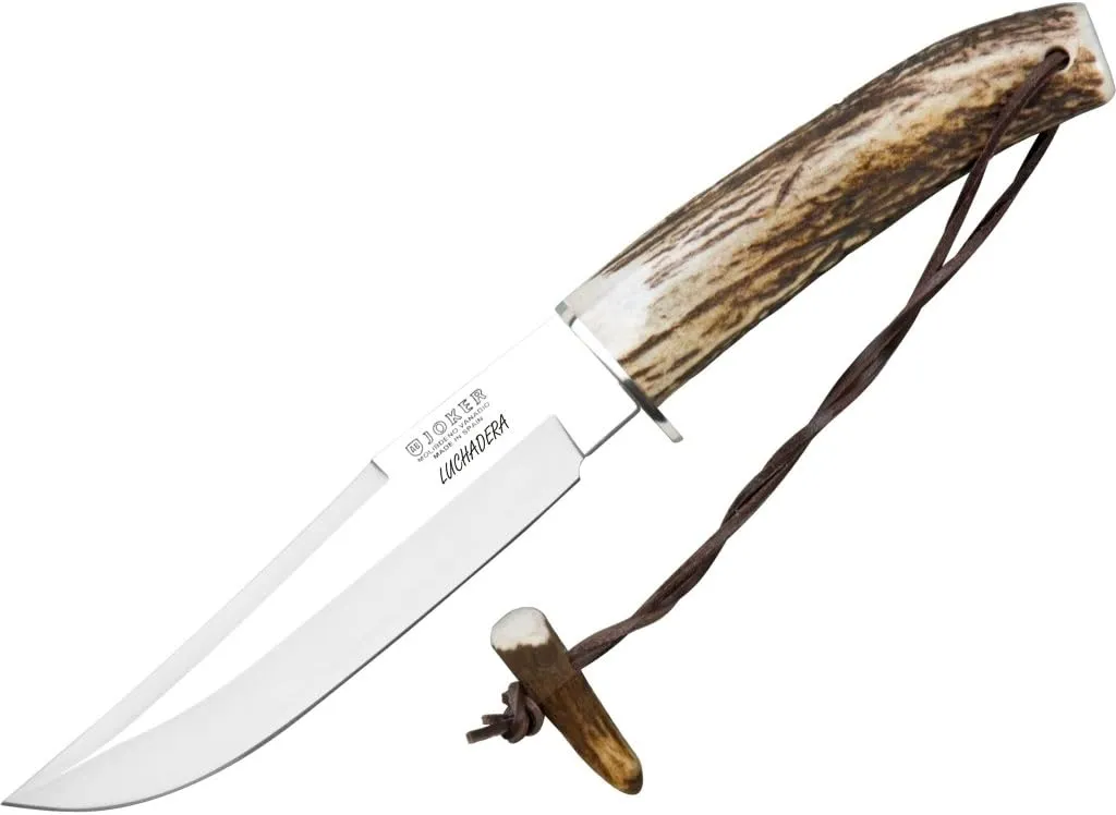 Joker Hunting knife Luchadera CC73, deer horn handle, 6.3 inches blade, includes brown leather Sheath, Tool for fishing, Hunting, camping and hiking