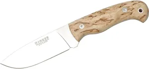 Joker Hunting Knife Montés II CL58, 4.33 inches Blade, Curly Birch Wood Handle, with Brown Leather Sheath, Tool for Fishing, Hunting, Camping and Hiking