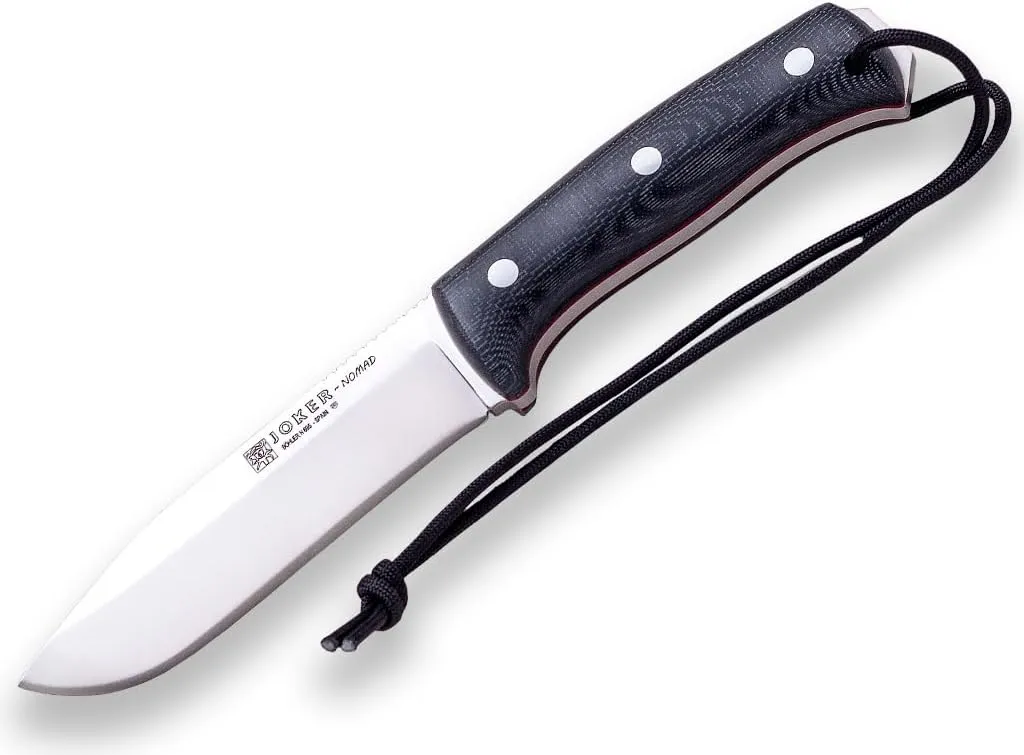 Joker Nomad 125 hunting knife, 12.7 cm Böhler N695 steel blade, with different types of handle: walnut wood, green Micarta and black Micarta, tool for fishing, hunting, camping and hiking (Black Micarta Canvas, Kydex   FireStarter)