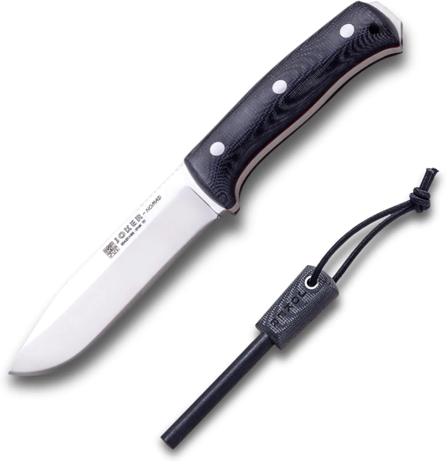 Joker Nomad 125 hunting knife, 12.7 cm Böhler N695 steel blade, with different types of handle: walnut wood, green Micarta and black Micarta, tool for fishing, hunting, camping and hiking (Black Micarta Canvas, Kydex   FireStarter)