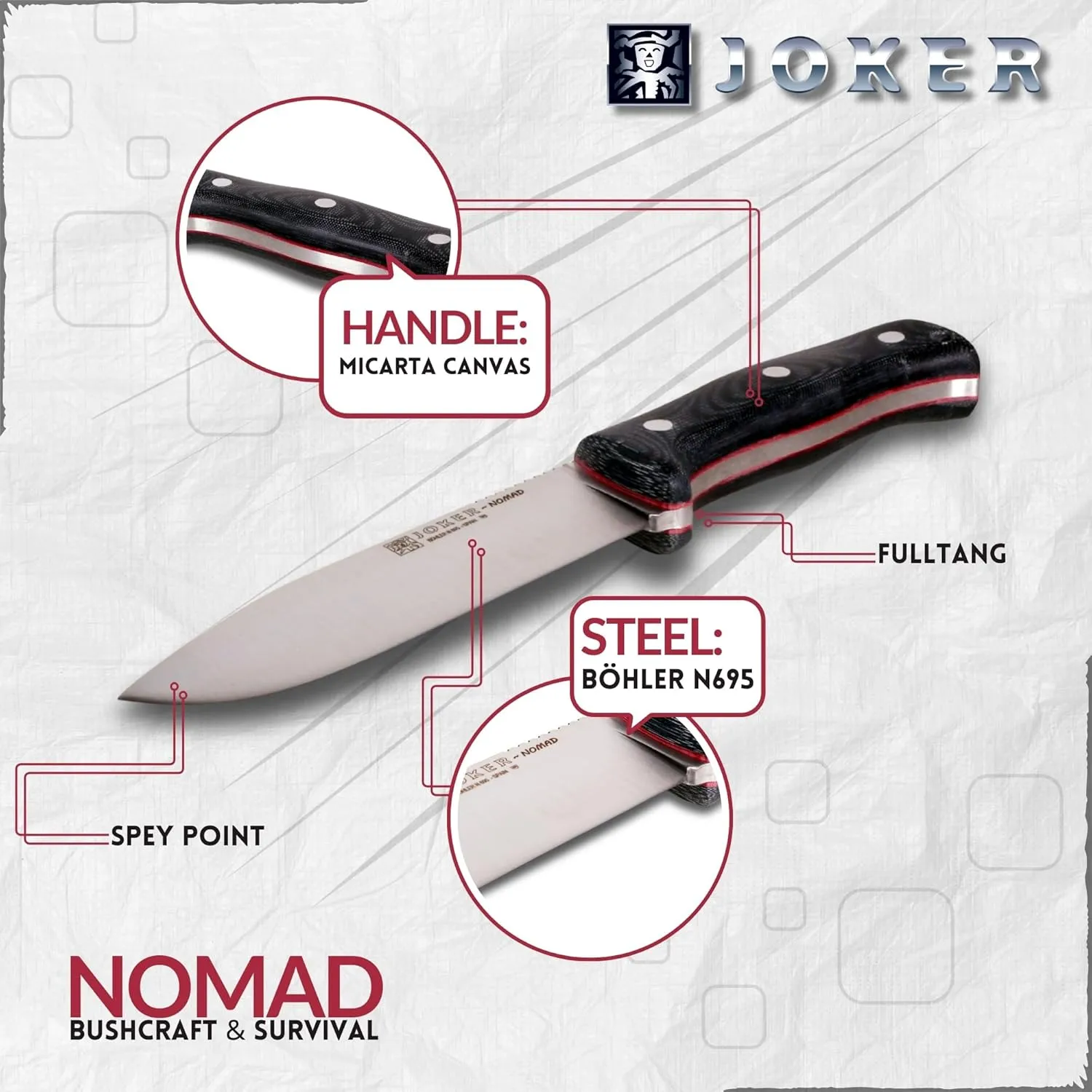 Joker Nomad 125 hunting knife, 12.7 cm Böhler N695 steel blade, with different types of handle: walnut wood, green Micarta and black Micarta, tool for fishing, hunting, camping and hiking (Black Micarta Canvas, Kydex   FireStarter)