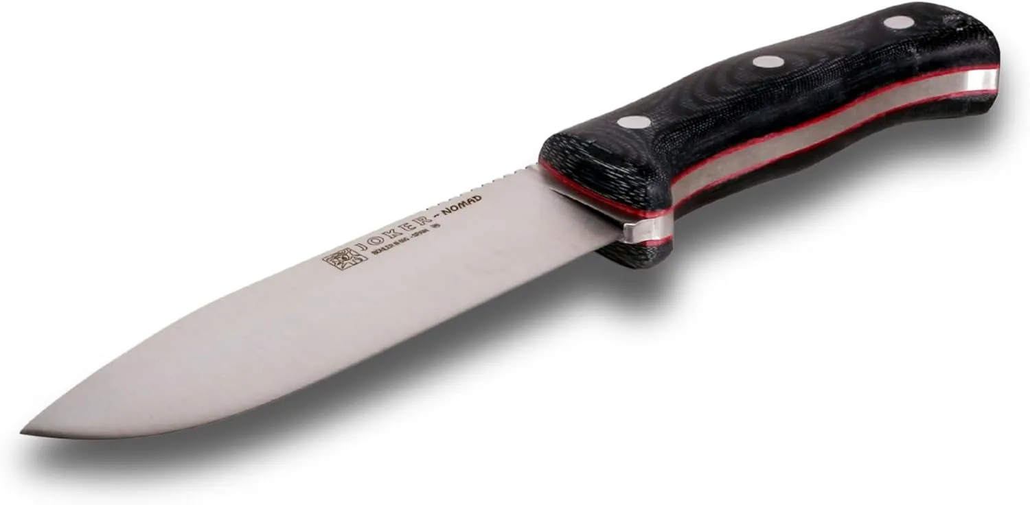 Joker Nomad 125 hunting knife, 12.7 cm Böhler N695 steel blade, with different types of handle: walnut wood, green Micarta and black Micarta, tool for fishing, hunting, camping and hiking (Black Micarta Canvas, Kydex   FireStarter)