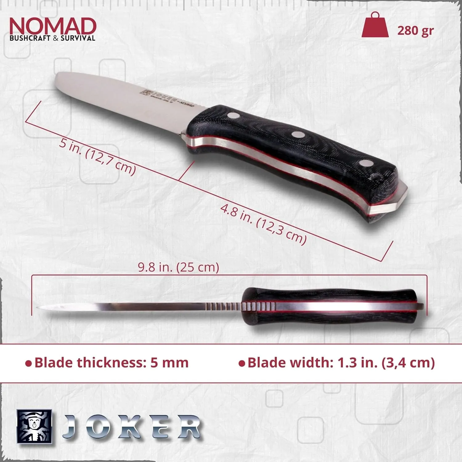 Joker Nomad 125 hunting knife, 12.7 cm Böhler N695 steel blade, with different types of handle: walnut wood, green Micarta and black Micarta, tool for fishing, hunting, camping and hiking (Black Micarta Canvas, Kydex   FireStarter)