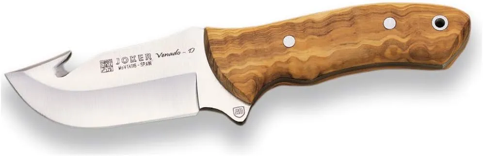 Joker Professional Skinning Knife Venado CO65, with Tearing in The Spine, with Olive Wood Handle and Blade 3.93 inches, Leather Sheath, Fishing Tool, Hunting, Camping and Hiking