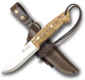 Joker Ranger Hunting Knife CL143-P – 4.33" 14C28N Steel Blade, Curly Birch Handle, Brown Leather Sheath with Firestarter – Bushcraft, Survival, Fishing, Camping & Hiking Tool
