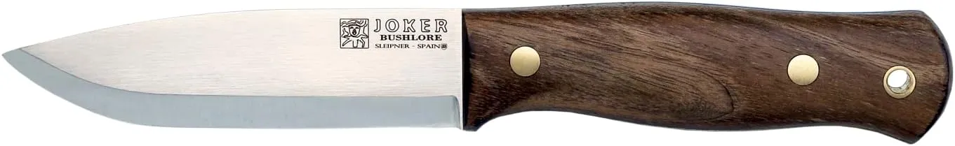 Joker Scandi Bushlore CN138-P Full Tang Bushcraft Knife, Walnut Handle, 4.5-inch Blade, includes Brown Leather Sheath with Flint, Fishing Tool, Hunting, Camping, and Hiking