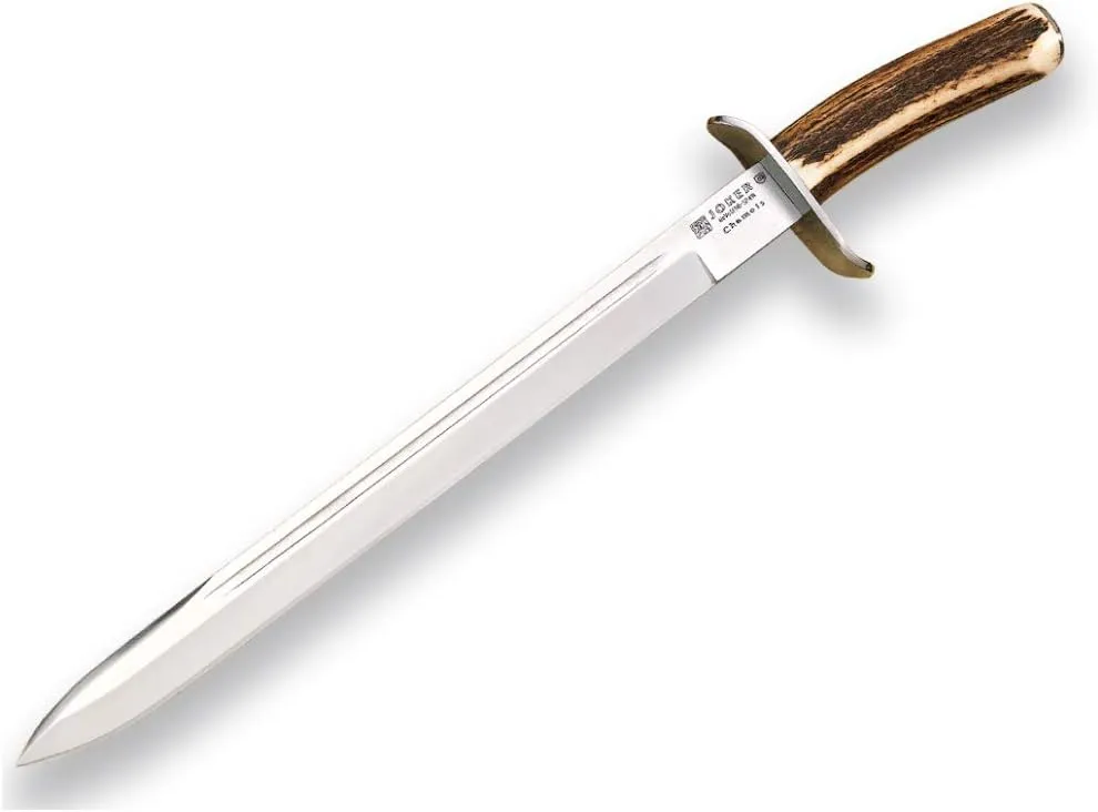 Joker Survival knife CC30 Chamoís with deer horn handle, MOVA blade 13 inches. with leather sheath, 360 gr, fishing tool, Hunting, camping and hiking.