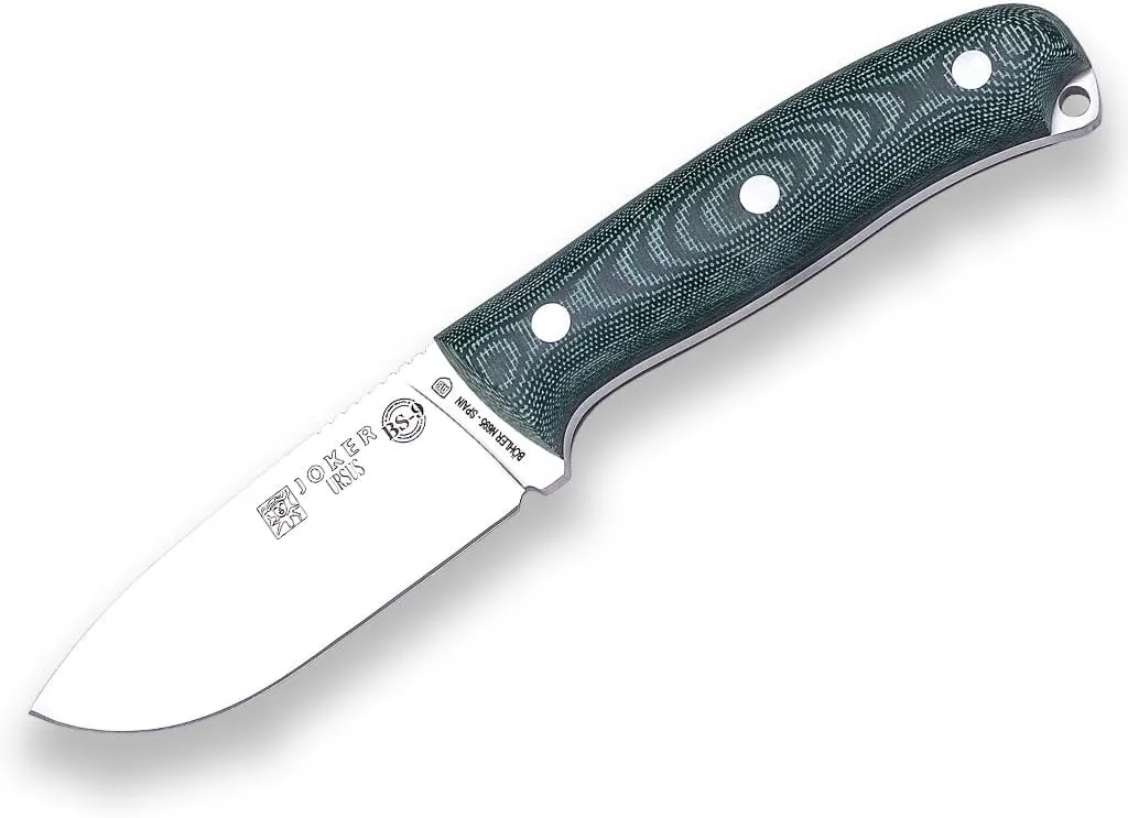 Joker Ursus CV116-P Sports Survival Knife, Canvas Micarta Handle and 3.94 inches Blade of Böhler N695, with Leather Sheath, Tool for Fishing, Hunting, Camping and Hiking (Green Micarta Canvas, Leather Sheath with FireStarter)