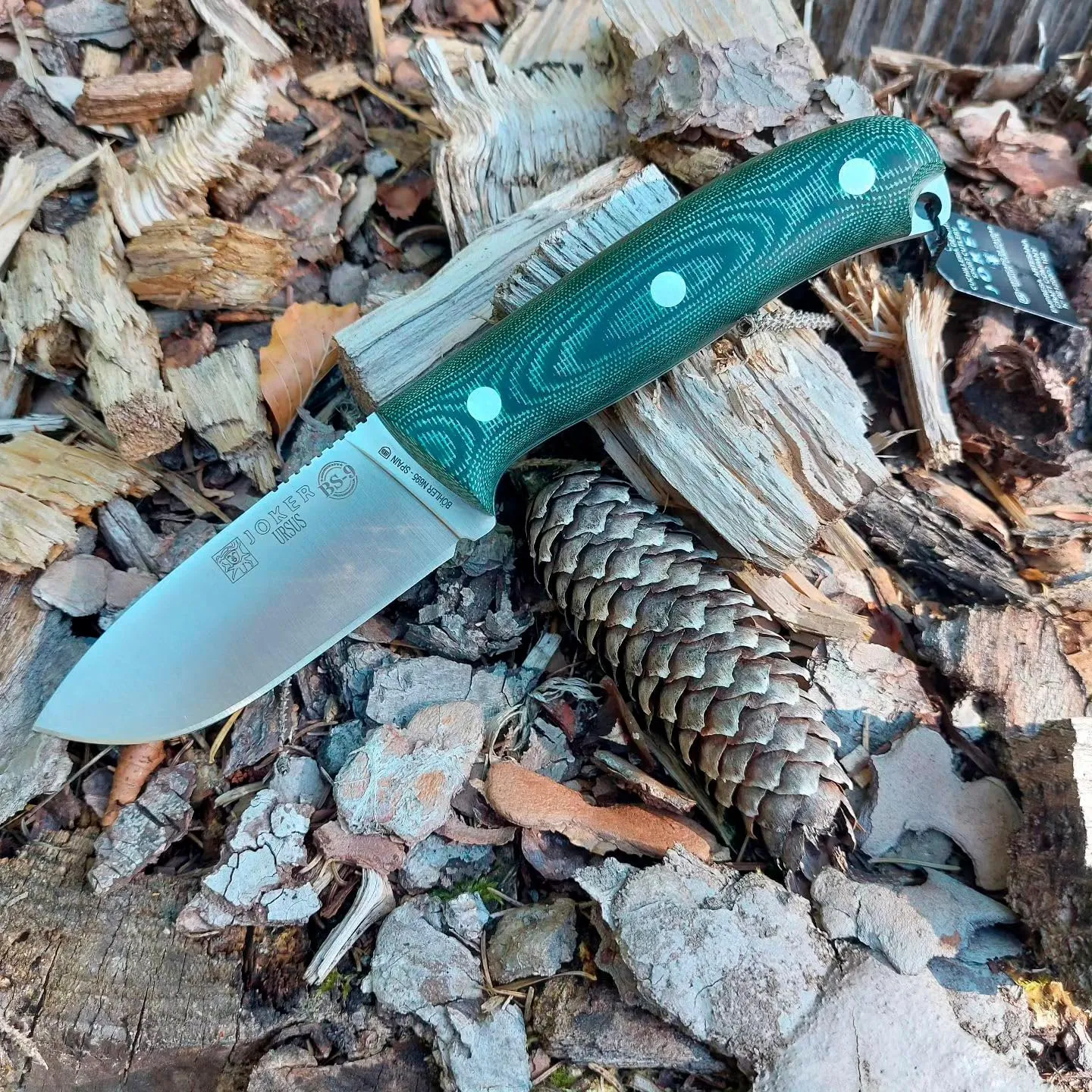 Joker Ursus CV116-P Sports Survival Knife, Canvas Micarta Handle and 3.94 inches Blade of Böhler N695, with Leather Sheath, Tool for Fishing, Hunting, Camping and Hiking (Green Micarta Canvas, Leather Sheath with FireStarter)