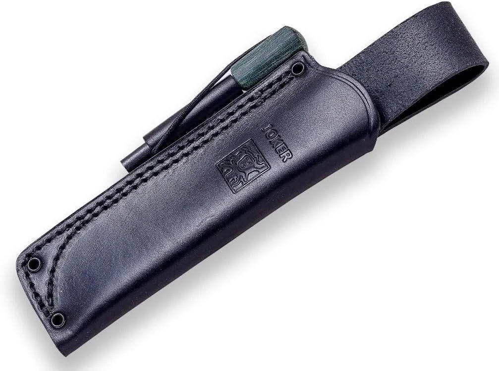 Joker Ursus CV116-P Sports Survival Knife, Canvas Micarta Handle and 3.94 inches Blade of Böhler N695, with Leather Sheath, Tool for Fishing, Hunting, Camping and Hiking (Green Micarta Canvas, Leather Sheath with FireStarter)