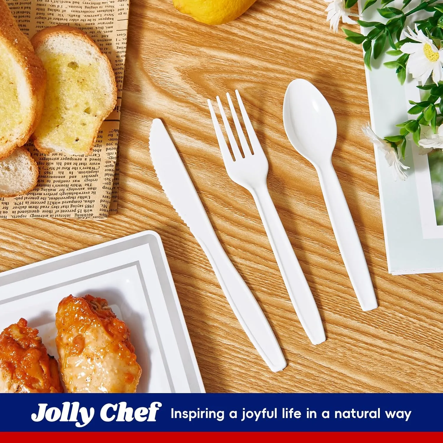 JOLLY CHEF 360 Pack Plastic Cutlery Set, White Disposable Plastic Utensils Heavy Duty