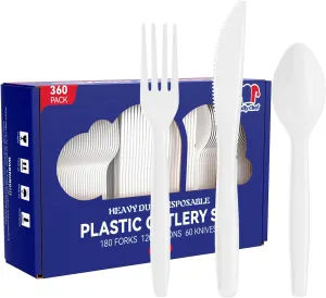 JOLLY CHEF 360 Pack Plastic Cutlery Set, White Disposable Plastic Utensils Heavy Duty