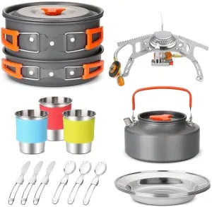 JSEIAJB Camping Travel Equipment Tableware Cookware Kit Pots Burner Gas Stove Accessories Kitchen Utensils Sets Picnic BBQ Supplies