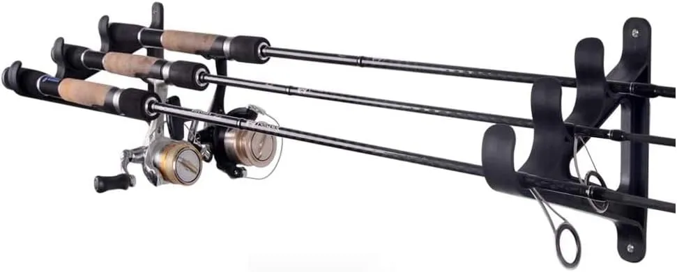 JSP Manufacturing Plastic Horizontal Fishing Rod Wall Rack Set - Holds 3 Rods Fishing Rods, Hiking Poles, Ski Poles, Cue or Hockey Sticks (Red, 4)