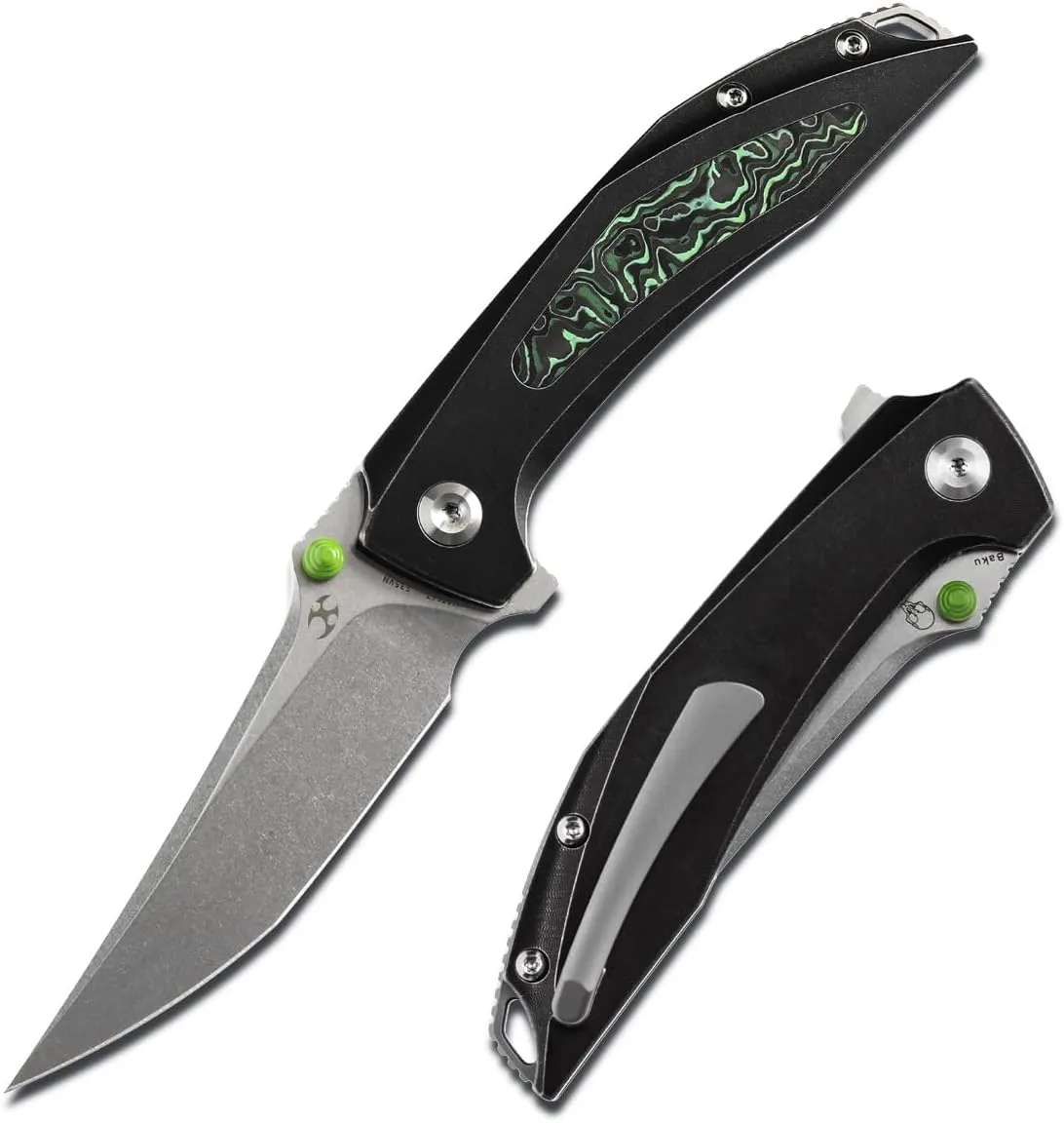 KANSEPT Baku Pocket Folding Knives for Men EDC Camping Folding Knife 3.2'' Stonewashed CPM-S35VN Material Outdoor Folding Knives with Black Stonewashed Titanium Green Carbon Fiber Handle Everyday Carry K1056A7