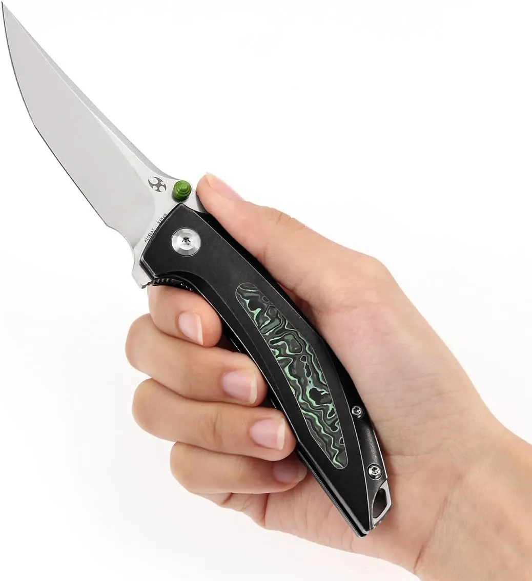 KANSEPT Baku Pocket Folding Knives for Men EDC Camping Folding Knife 3.2'' Stonewashed CPM-S35VN Material Outdoor Folding Knives with Black Stonewashed Titanium Green Carbon Fiber Handle Everyday Carry K1056A7