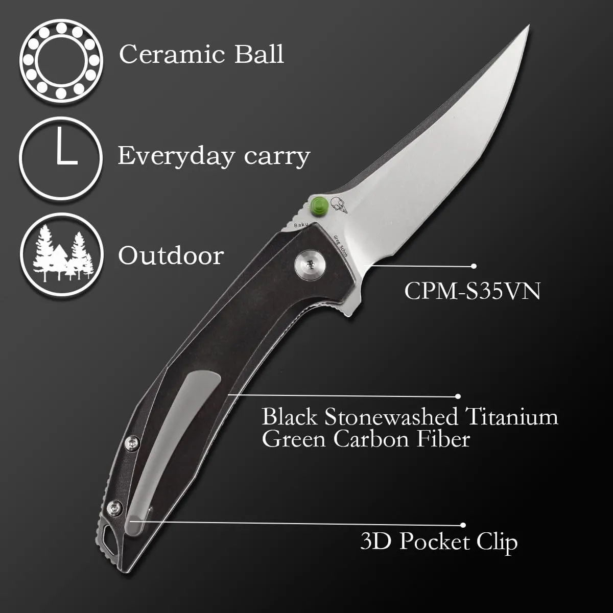 KANSEPT Baku Pocket Folding Knives for Men EDC Camping Folding Knife 3.2'' Stonewashed CPM-S35VN Material Outdoor Folding Knives with Black Stonewashed Titanium Green Carbon Fiber Handle Everyday Carry K1056A7