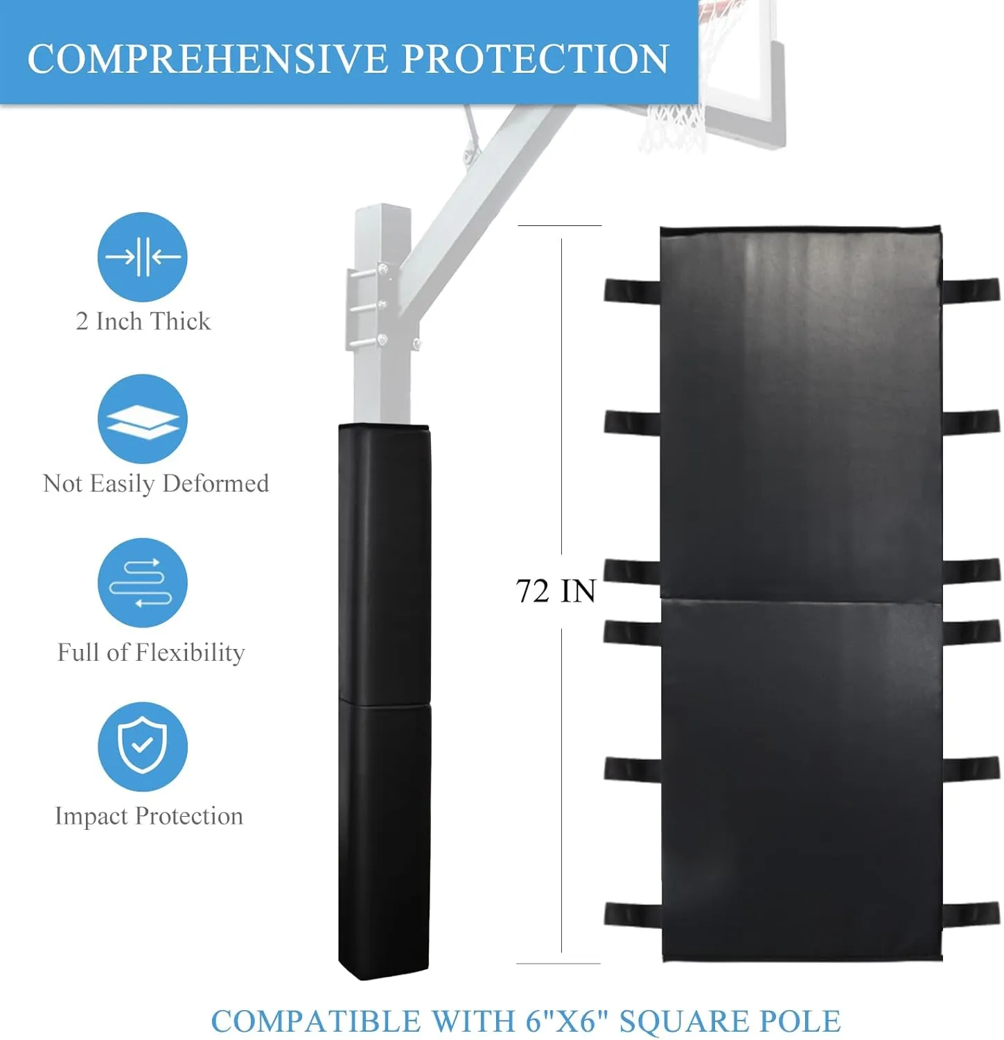 Katop Square Basketball Pole Padding Fits 4x4,5x5,6x6 Inch Pole, Durable 6 Feet Tall Basketball Pole Pad Outdoor and Indoor, UV-Resistant Waterproof Hoop Pads for Protection and Player Safety