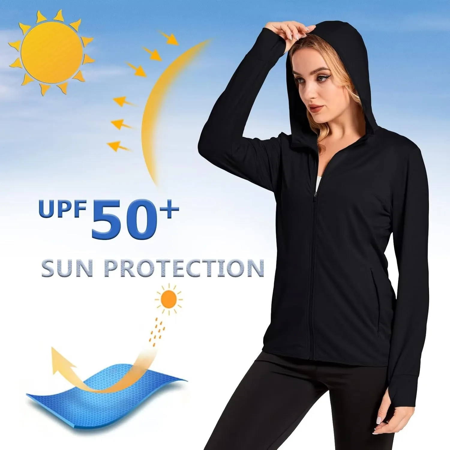 KEFITEVD Women's UPF 50  Sun Protection Light Jackets Full Zip Up Long Sleeve Sun Hoodie Outdoor Performance Hiking Shirts