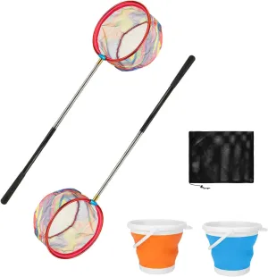 Kids Fishing Net Set, 2 Pack Collapsible Fishing Nets with Telescopic Aluminum Handles, Durable Nylon Net for Children, Foldable Fishing Sand Pail, Outdoor Family Fishing Gear for Summer Camp