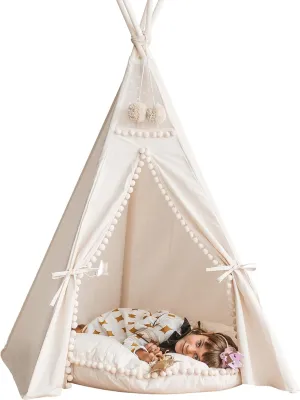 Kids Teepee Tent – Indoor Play Tent for Toddlers & Children, Handmade Canvas Tipi with Wooden Poles & Pom-Poms, Boho Playhouse for Girls & Boys, Foldable Tent for Bedroom & Playroom