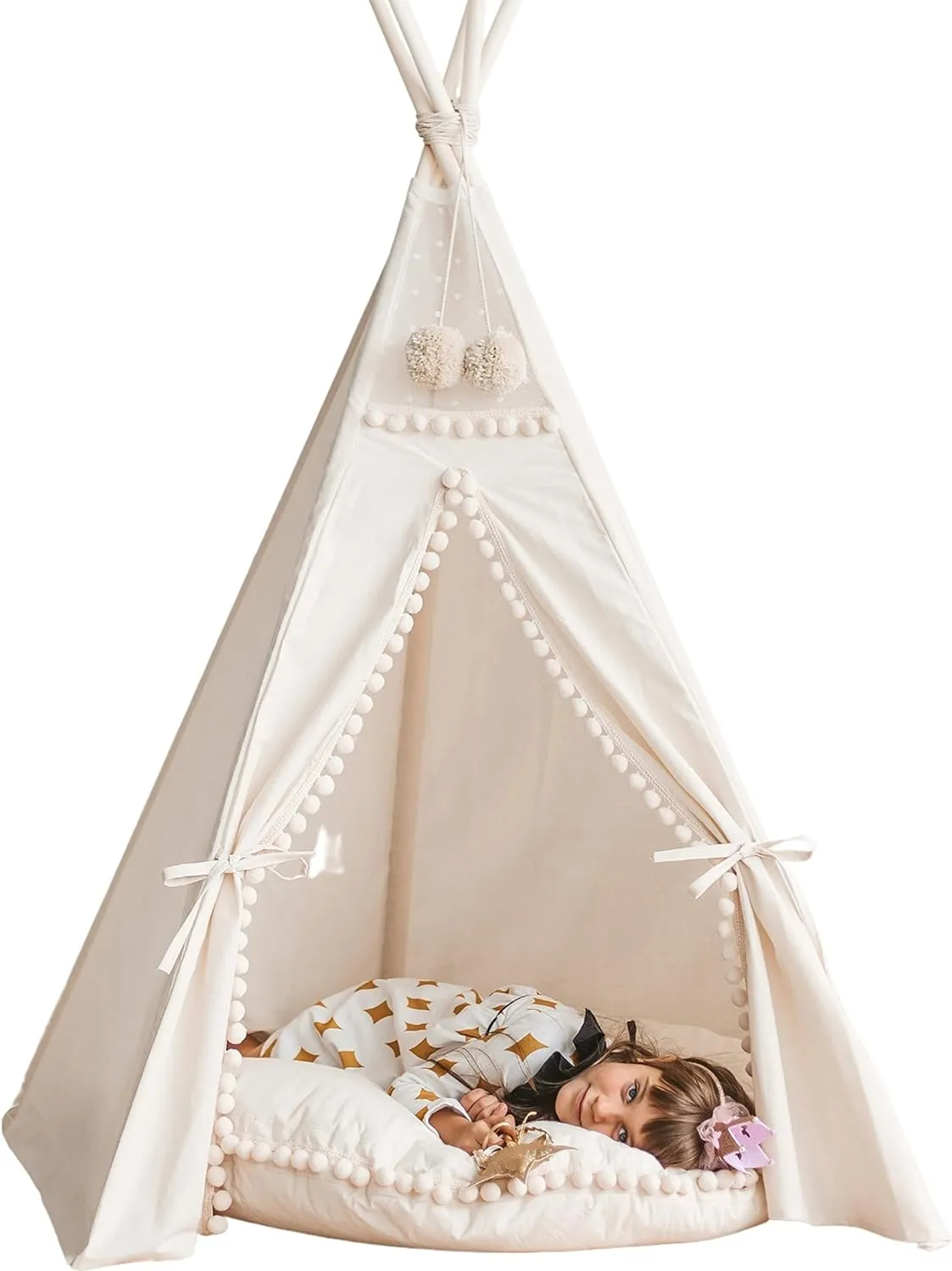 Kids Teepee Tent – Indoor Play Tent for Toddlers & Children, Handmade Canvas Tipi with Wooden Poles & Pom-Poms, Boho Playhouse for Girls & Boys, Foldable Tent for Bedroom & Playroom