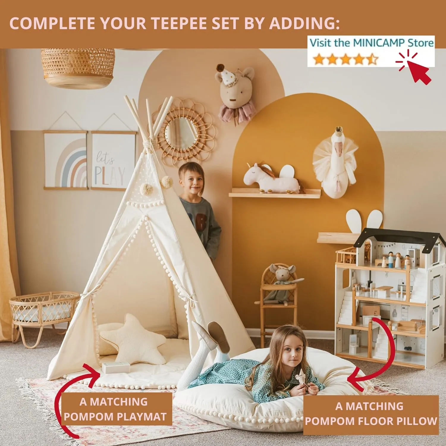 Kids Teepee Tent – Indoor Play Tent for Toddlers & Children, Handmade Canvas Tipi with Wooden Poles & Pom-Poms, Boho Playhouse for Girls & Boys, Foldable Tent for Bedroom & Playroom