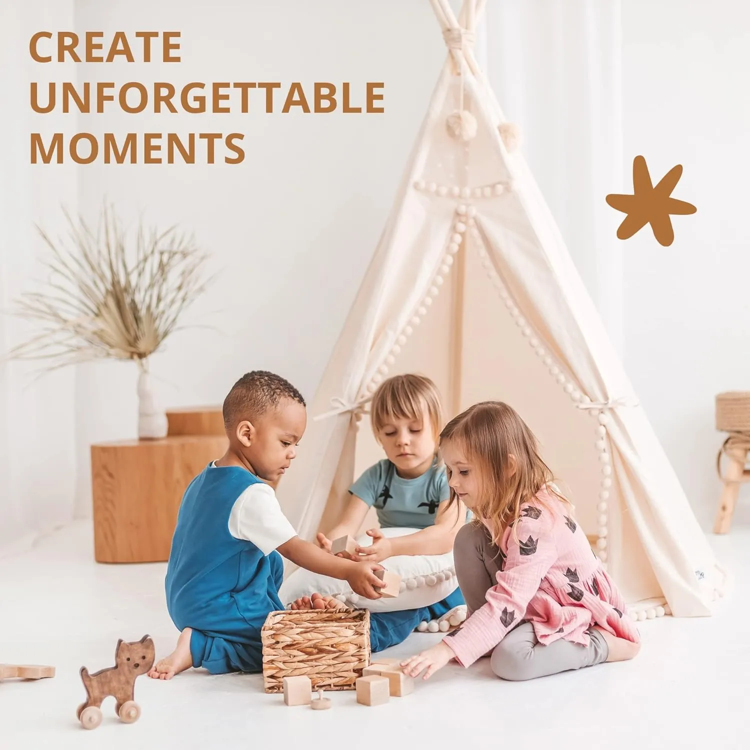 Kids Teepee Tent – Indoor Play Tent for Toddlers & Children, Handmade Canvas Tipi with Wooden Poles & Pom-Poms, Boho Playhouse for Girls & Boys, Foldable Tent for Bedroom & Playroom