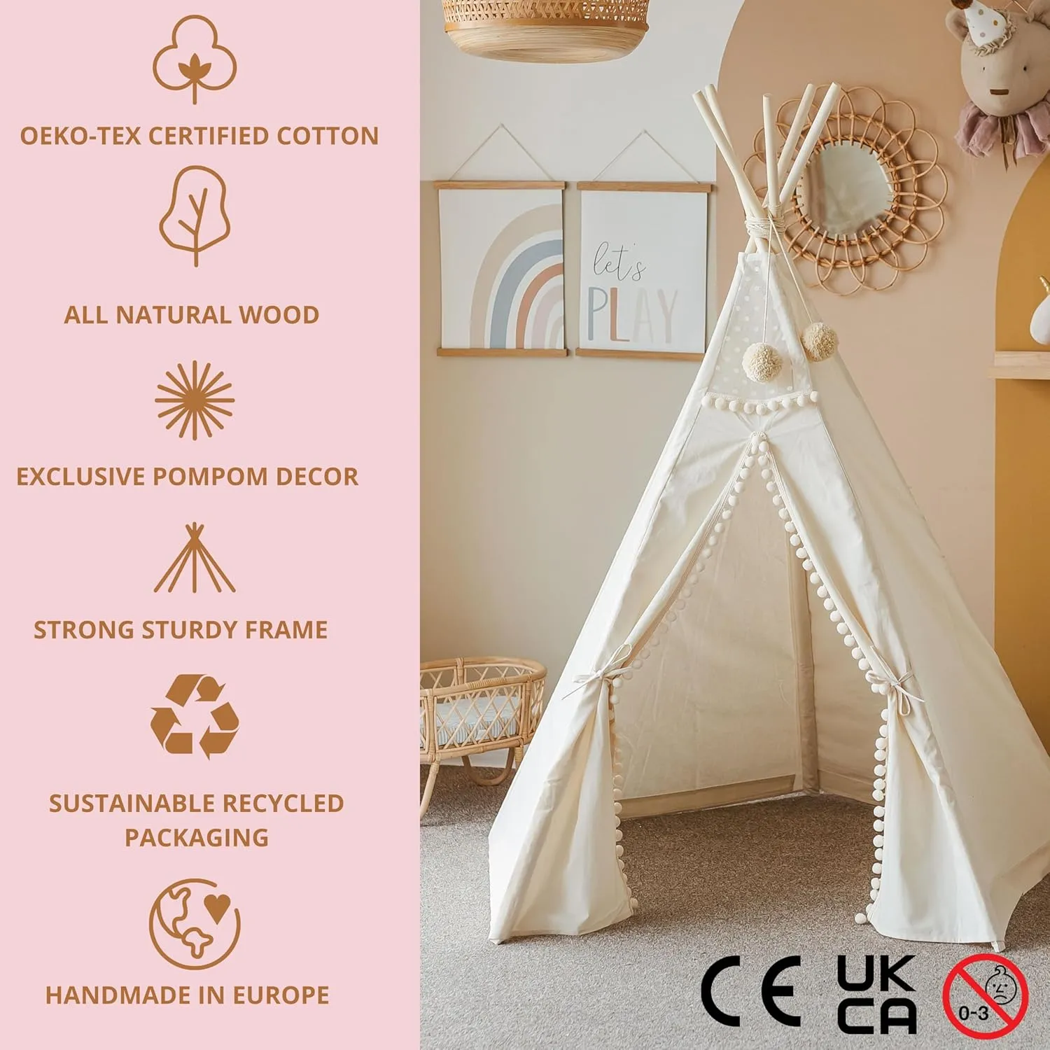 Kids Teepee Tent – Indoor Play Tent for Toddlers & Children, Handmade Canvas Tipi with Wooden Poles & Pom-Poms, Boho Playhouse for Girls & Boys, Foldable Tent for Bedroom & Playroom