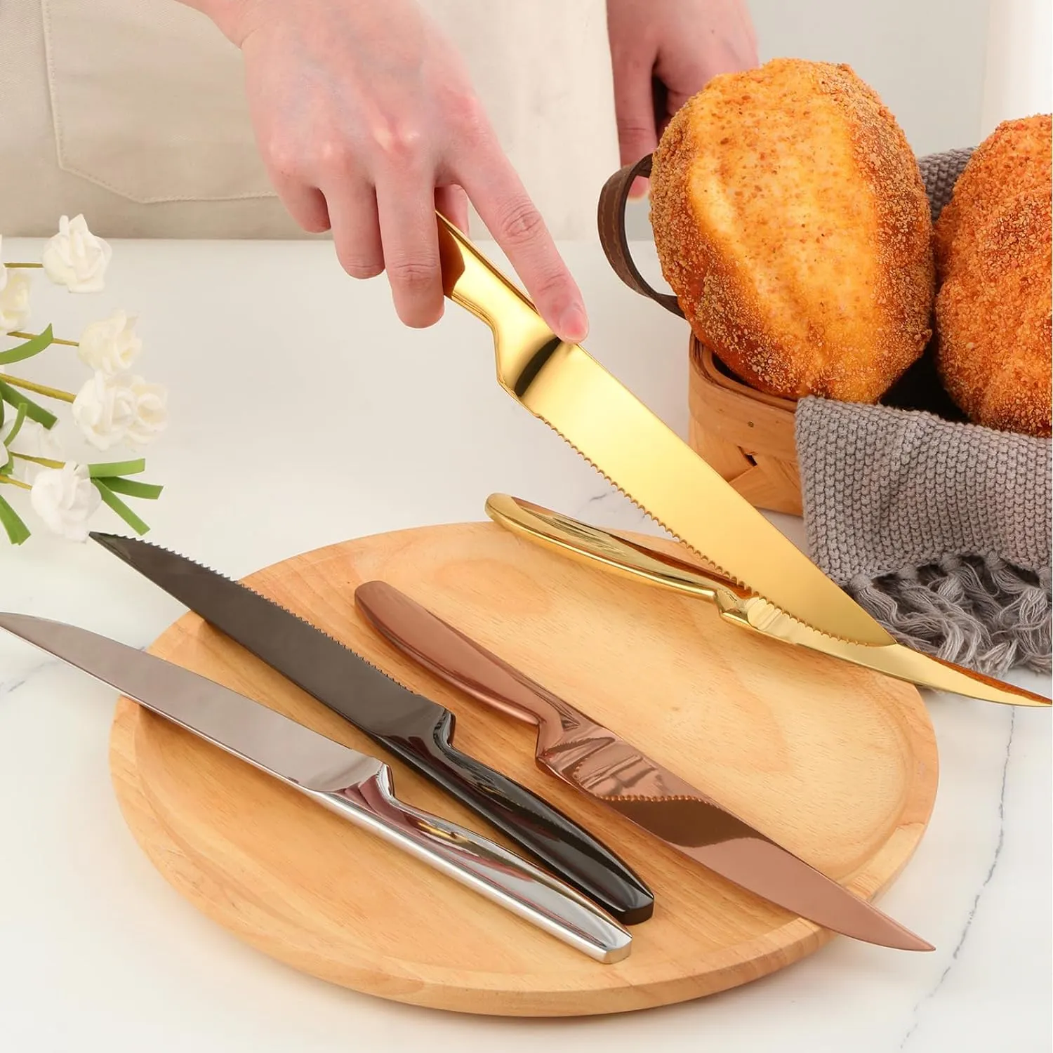 Kitchen Steak Knives Set of 6, 8.6 Inches Heavy Duty Steak Knife Sets, Stainless Steel Non-Stick Silverware Set for Home, Restaurant, Party, Wedding, Dishwasher Safe