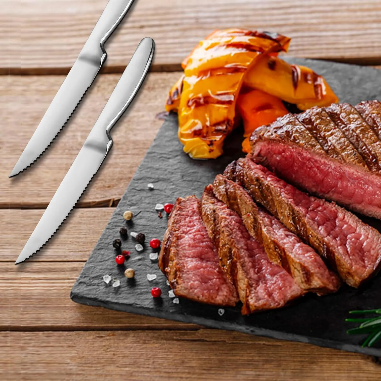 Kitchen Steak Knives Set of 6, 8.6 Inches Heavy Duty Steak Knife Sets, Stainless Steel Non-Stick Silverware Set for Home, Restaurant, Party, Wedding, Dishwasher Safe