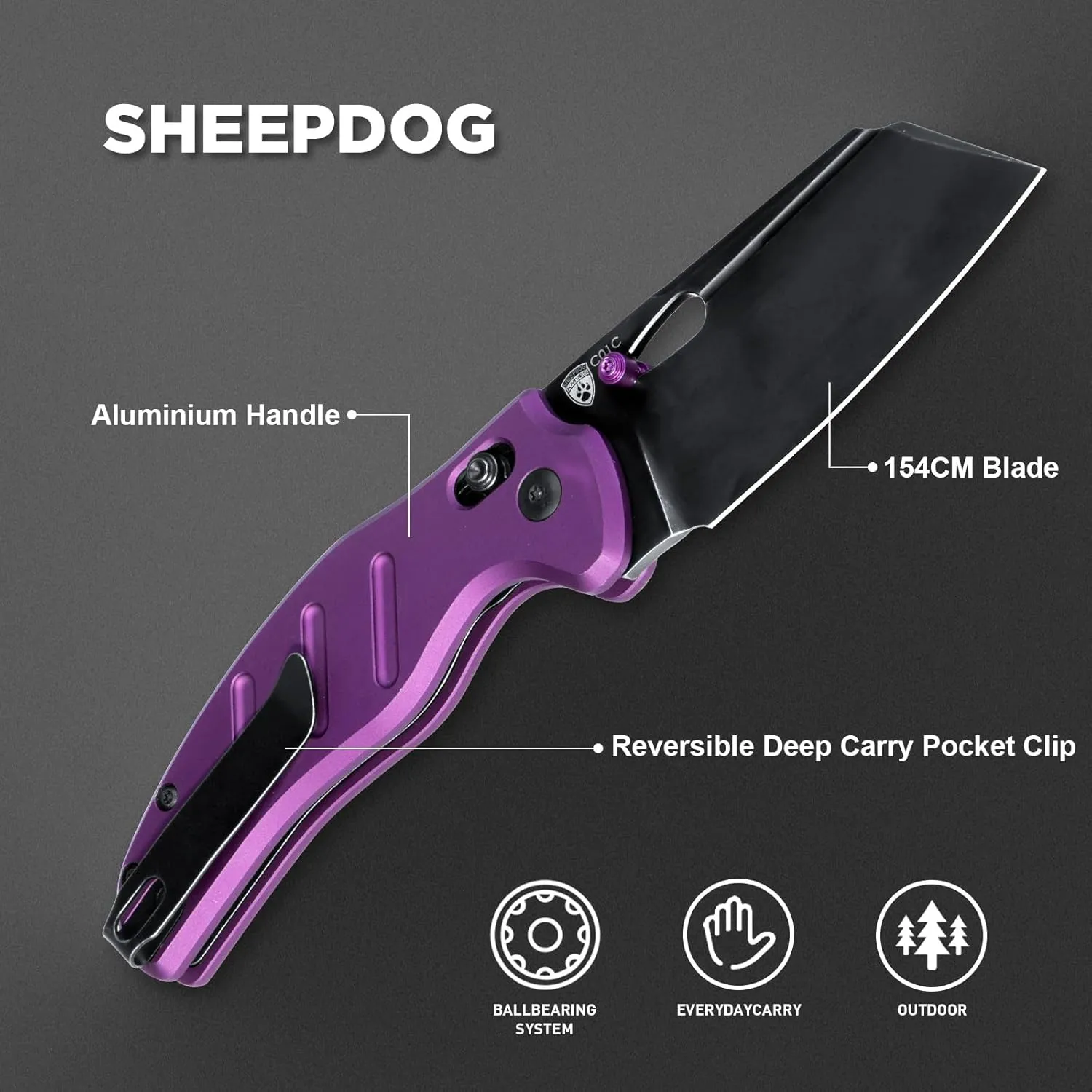 Kizer C01C Sheepdog Pocket Knife, 3.15" 154CM Blade Folding Knife with Durable Purple Aluminum Handle, EDC Camping Knives with Clutch Lock, Hiking Survival Knives with Thumb Stud and Hole, V4488AC1