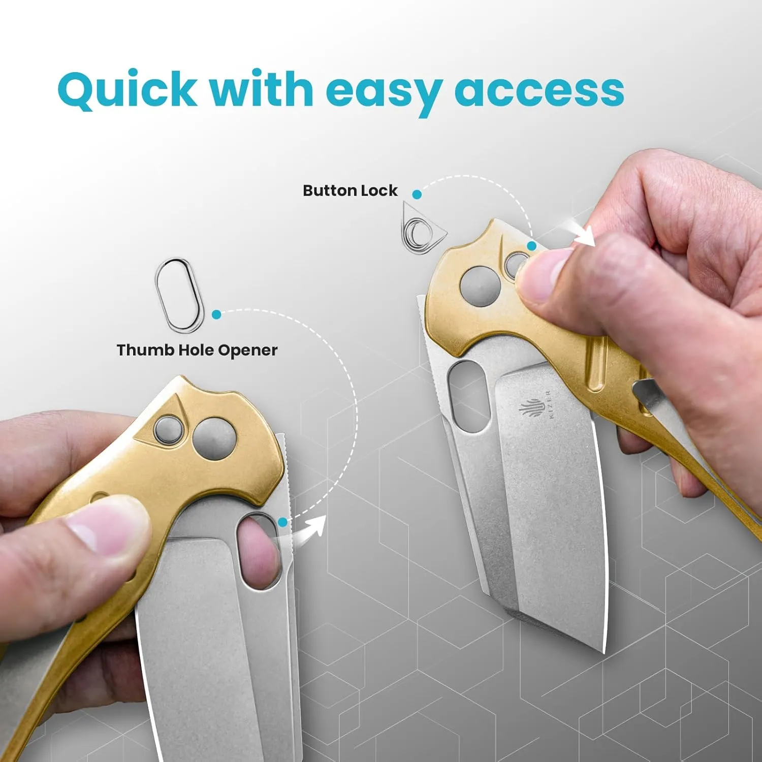 Kizer C01C Sheepdog Pocket Knife, 3.29" 3V Blade Camping Knife with Gold Brass Handle, EDC Hiking Survival Knives with Thumb Stud & Hole, Button Lock Folding Knives for Men Women, V4488BC2