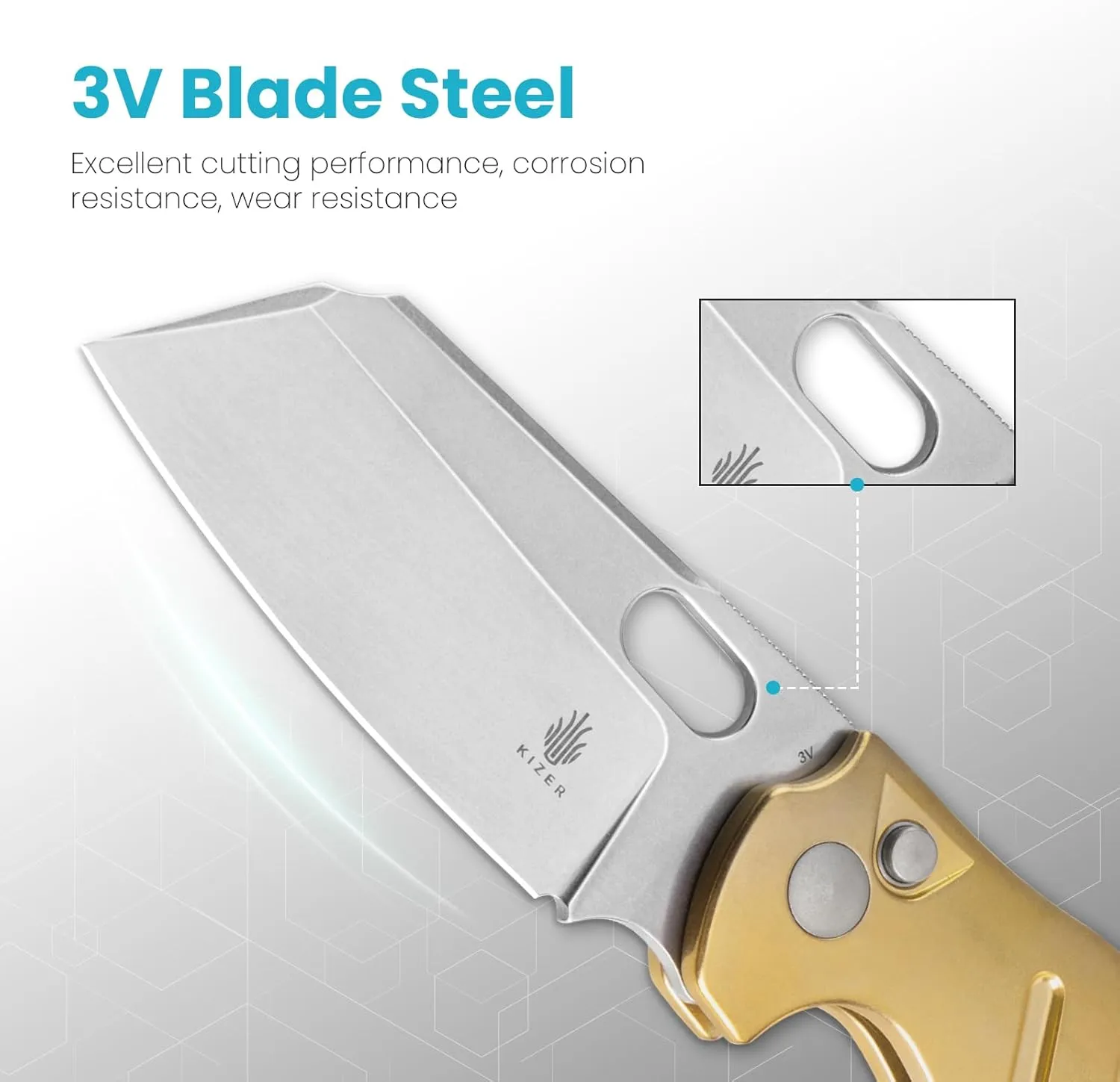 Kizer C01C Sheepdog Pocket Knife, 3.29" 3V Blade Camping Knife with Gold Brass Handle, EDC Hiking Survival Knives with Thumb Stud & Hole, Button Lock Folding Knives for Men Women, V4488BC2