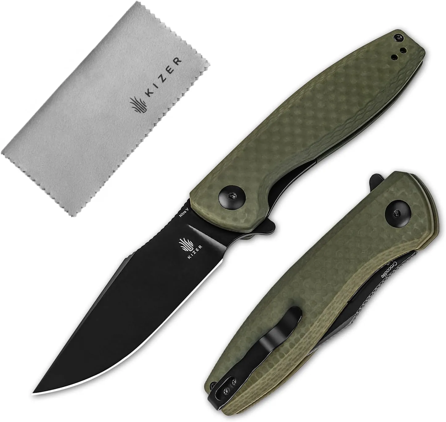Kizer Crocodile Pocket Knife, 3.45” Nitro V Knife, G10 Handle Folding Camping Knife, Liner Lock Pocket Folding knife with Pocket Clip for Men Women, Hunting Survival knives V4716M1 (Green G10 Handle)