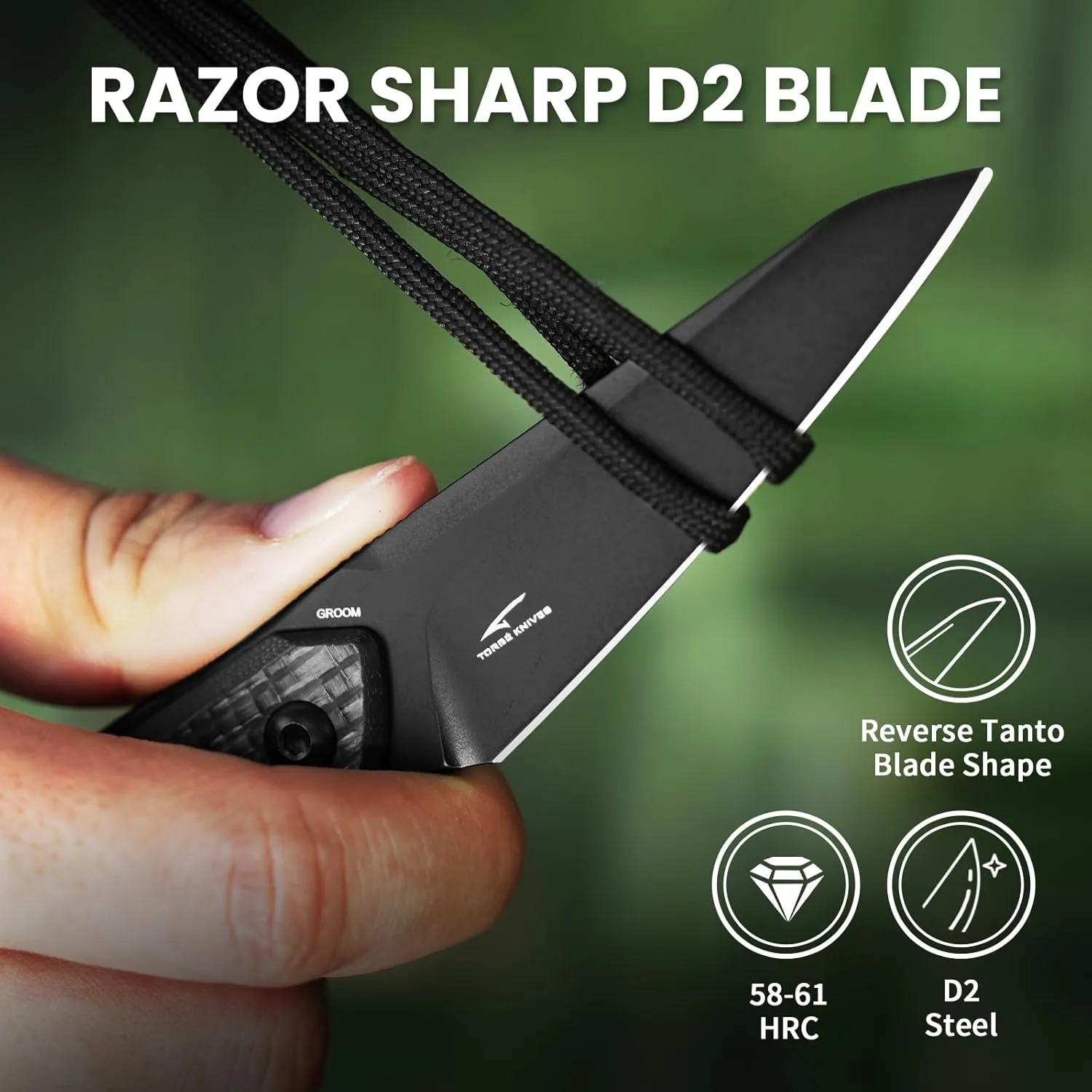 Kizer Groom Fixed Blade Knife with Sheath, 3.08” D2 Blade with Black G10 Carbon Fiber Handle Fixed Blade Camping Knife, Portable EDC Hunting Knives for Men Women 1060A2