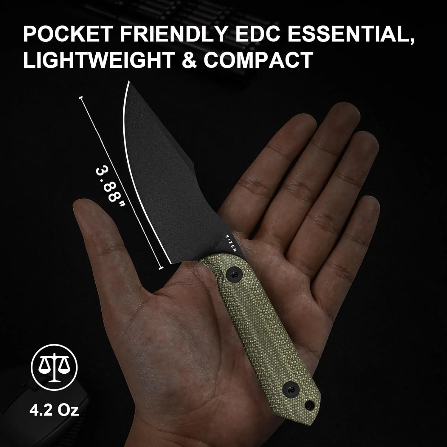 Kizer Harpoon Fixed Blade Knife with Sheath, 3.88” D2 Fixed Blade EDC Knife with Micarta Handle for Hunting, Camping, Hiking, Survival 1040M4