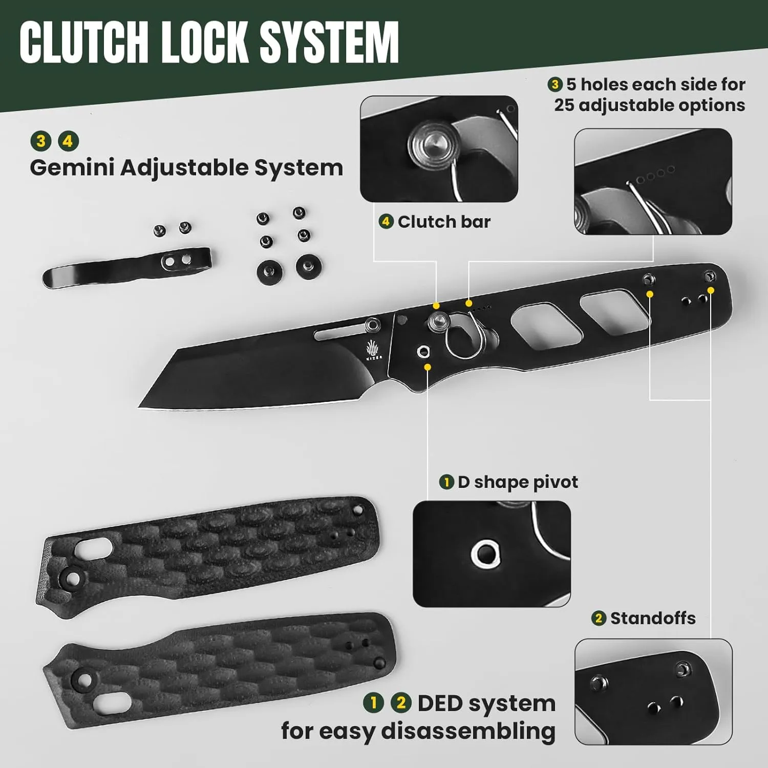 Kizer Task EDC Pocket Knife, 3.04 Inch 154CM Sheepsfoot Blade Folding Knife with Innovative Clutch Lock, Truffle Black G10 Handle Camping Knives, Small Hunting Knives with Thumb Stud Opener, V3641C2