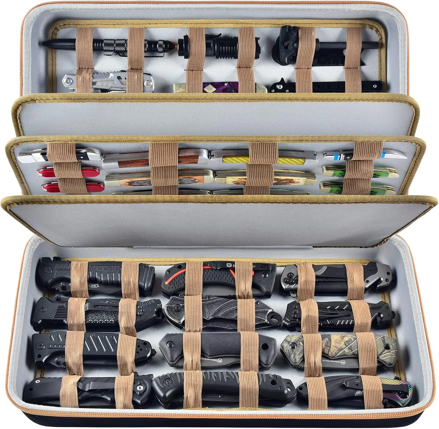 Knife Display Case for 64  Pocket Knives, Butterfly Knife Storage Box, Folding Knives Organizer Holder, Knives Collection Organized Carrier for Survival, Tactical, Outdoor, EDC Mini Knife (Black)