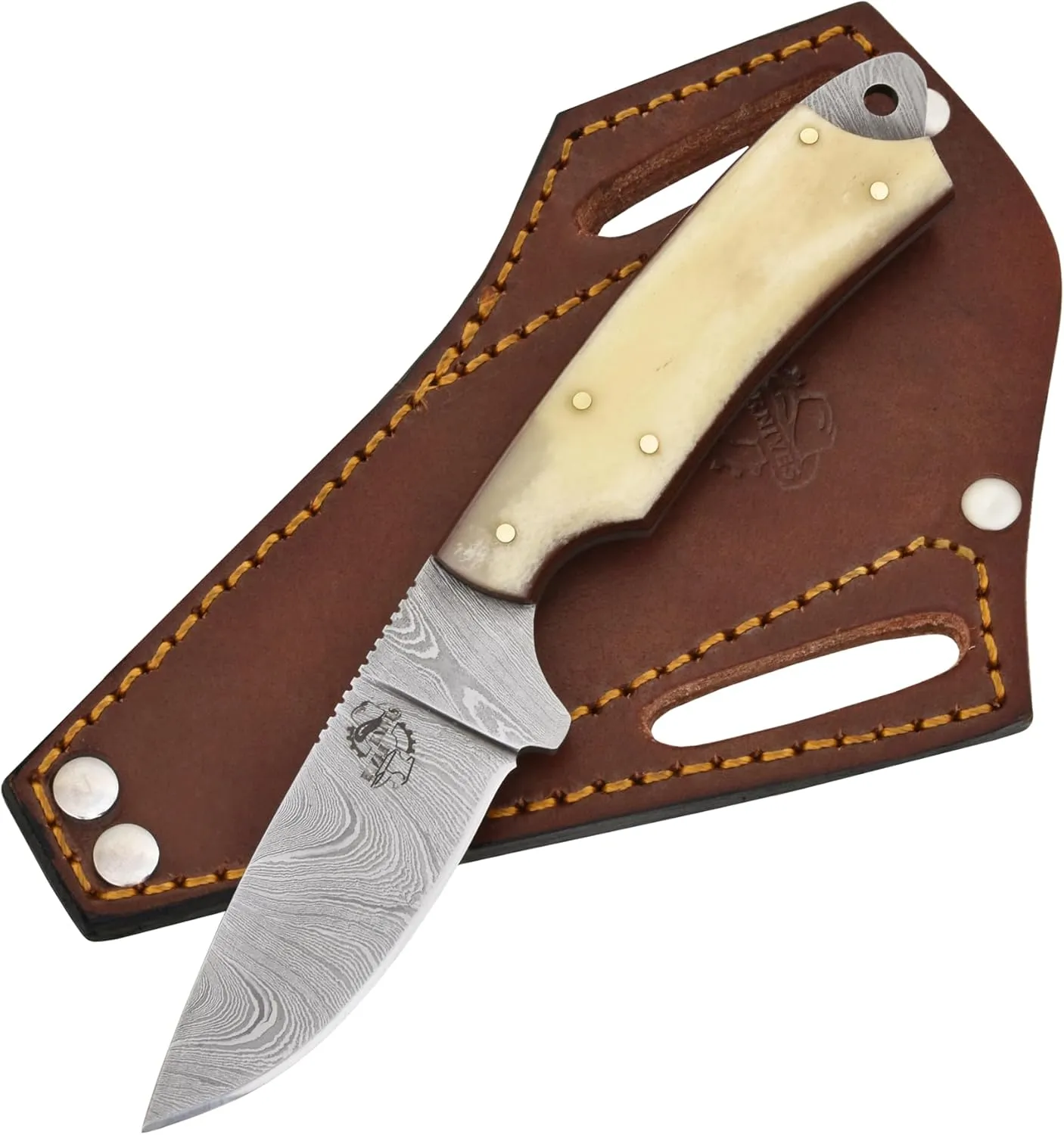 Knives Ranch Hunting Knife - Bone Handle - Heavy-Duty 45 Degree Pancake Sheath (2001-B)