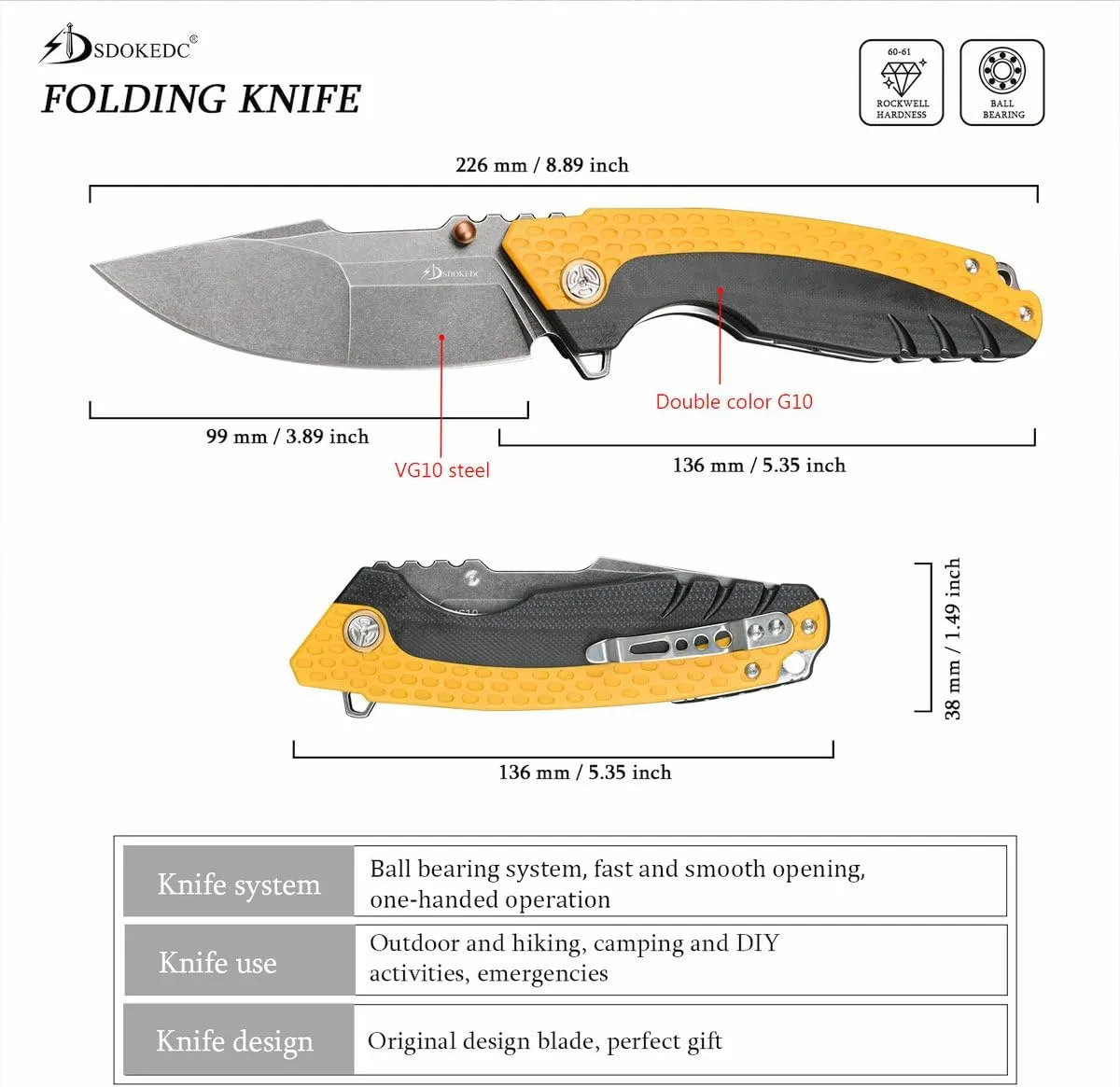 Knives VG10 Steel Folding Knife for Men with Clip G10 Handle EDC Tactical Pocket Knife for Outdoor,Camping,Hunting,Survival and Self Defense (Black stone wash)