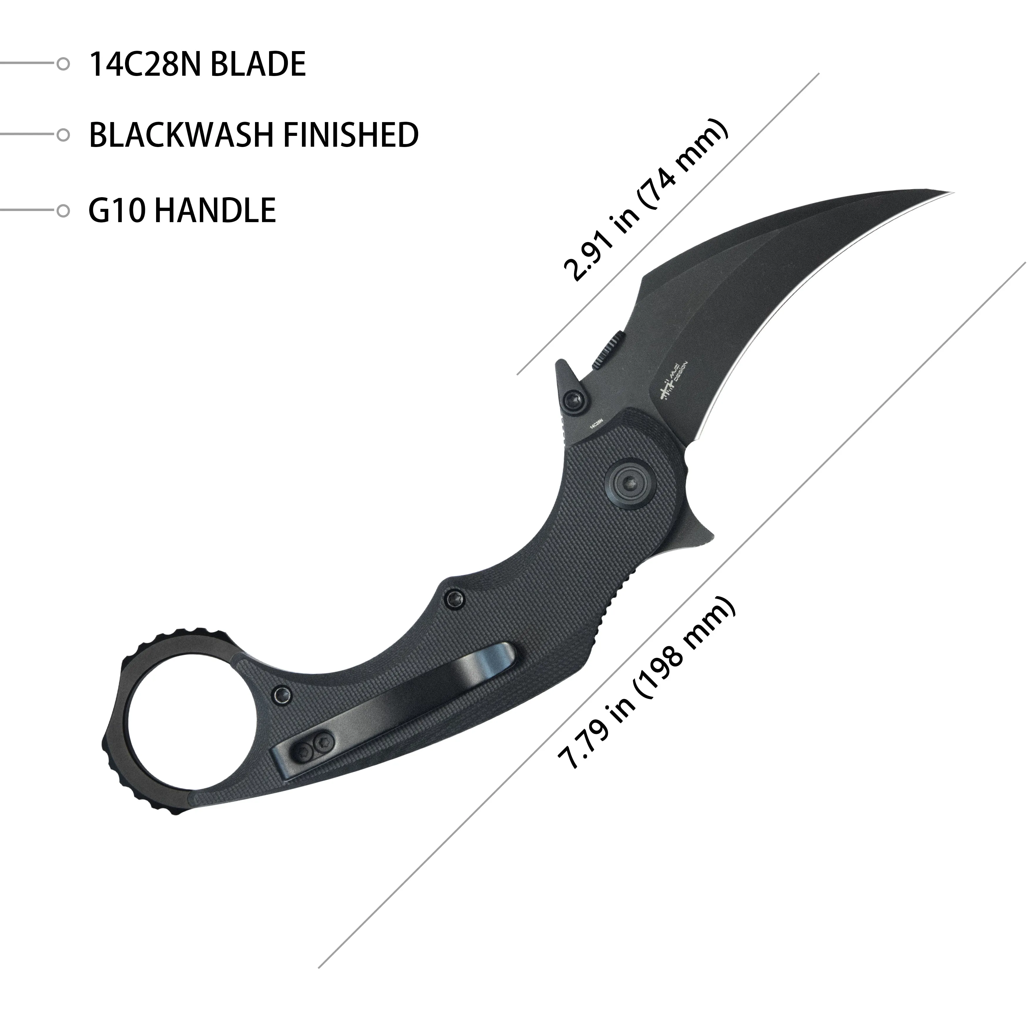 Kubey Rogue Pikal Karambit Folding Knife Black G10 Handle 2.91" Blackwash 14C28N Blade KU298B